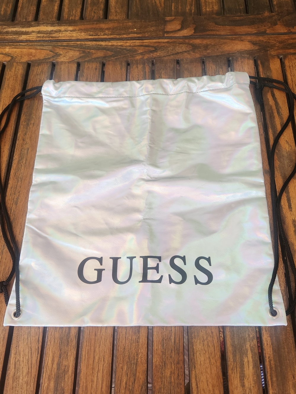 Y2K GUESS Iridescent Holographic Silver Drawstring Bag Backpack Logo Festival